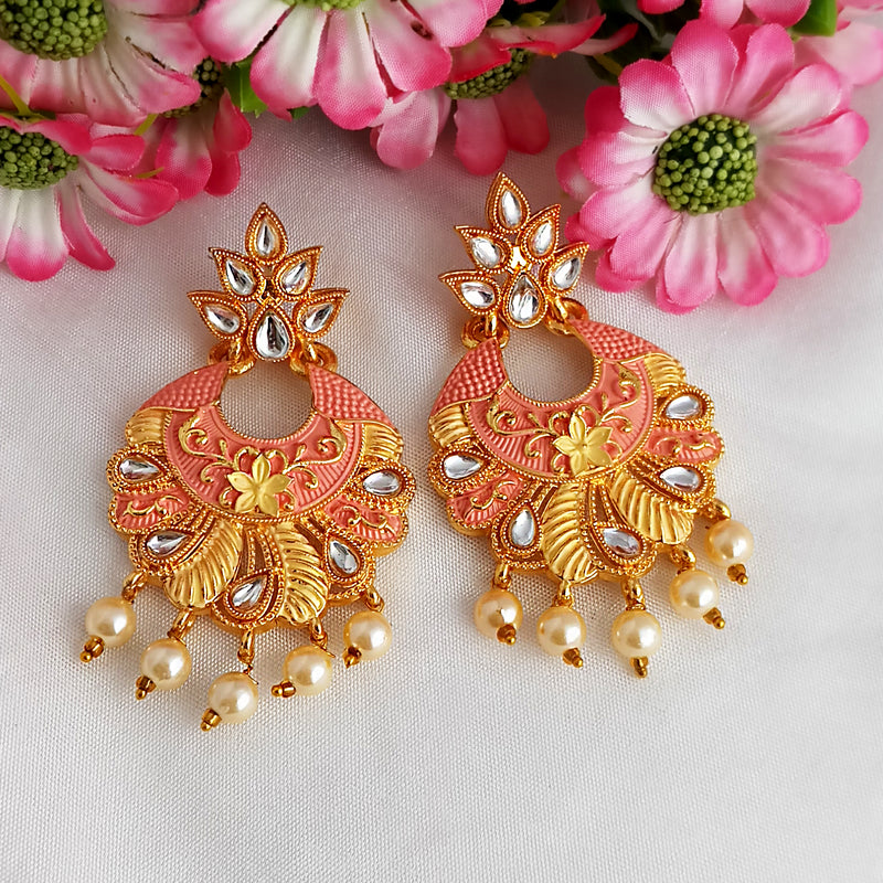 Woma Gold Plated Matte Peach Meenakari Kundan Earrings