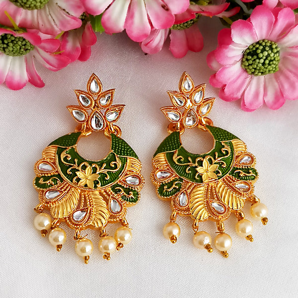 Woma Gold Plated Matte Green Meenakari Kundan Earrings