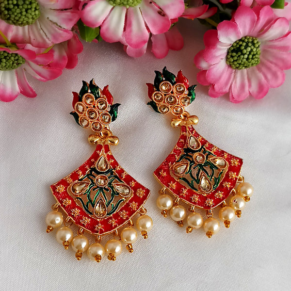 Woma Gold Plated Matte Red Meenakari Kundan Earrings