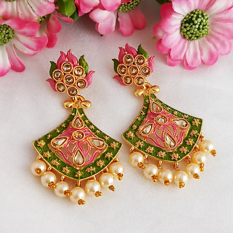 Woma Gold Plated Matte Green Meenakari Kundan Earrings