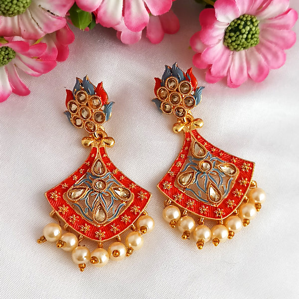 Woma Gold Plated Matte Red Meenakari Kundan Earrings