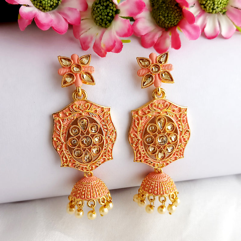 Woma Gold Plated Matte Peach Meenakari Kundan Jhumka Earrings