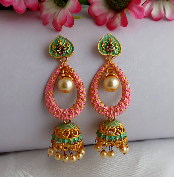 Woma Gold Plated Multi Color Matte Meenakari Jhumka Earrings