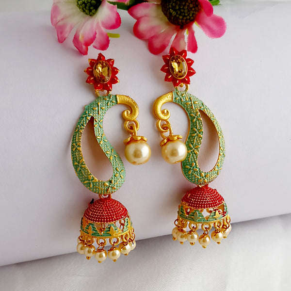 Woma Gold Plated Matte Green Meenakari Jhumka Earrings