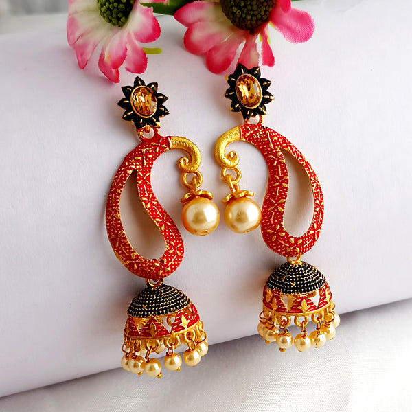 Woma Gold Plated Matte Red Meenakari Jhumka Earrings