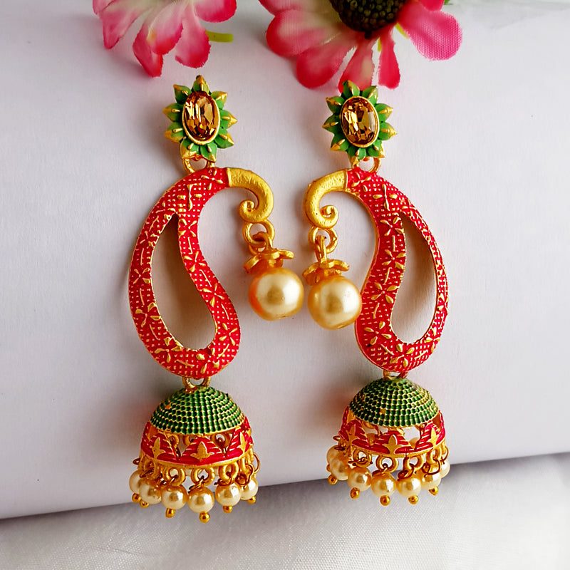 Woma Gold Plated Matte Pink Meenakari Jhumka Earrings