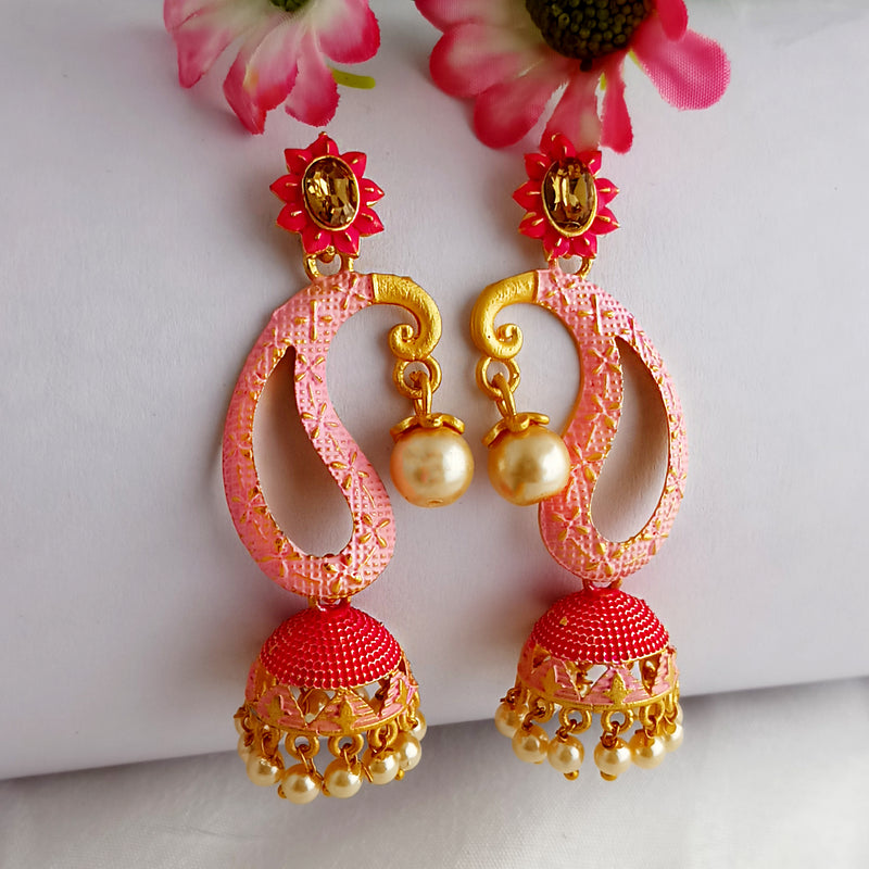 Woma Gold Plated Matte Peach Meenakari Jhumka Earrings