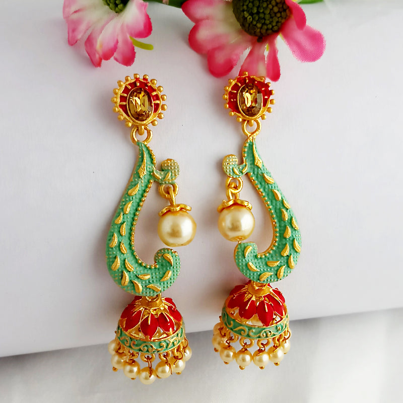 Woma Gold Plated Matte Green Meenakari Jhumka Earrings