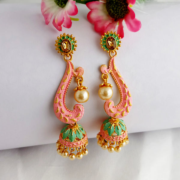 Woma Gold Plated Matte Peach Meenakari Jhumka Earrings