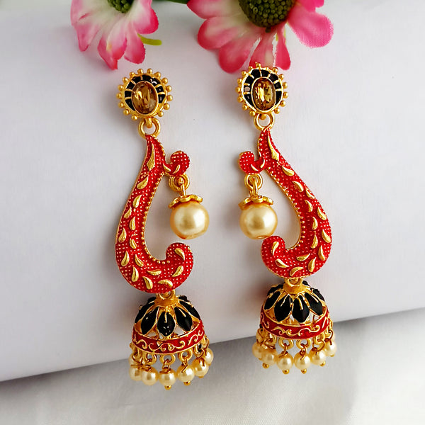 Woma Gold Plated Matte Red Meenakari Jhumka Earrings