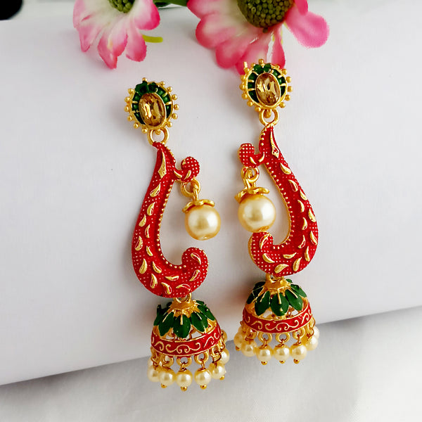 Woma Gold Plated Matte Red Meenakari Jhumka Earrings