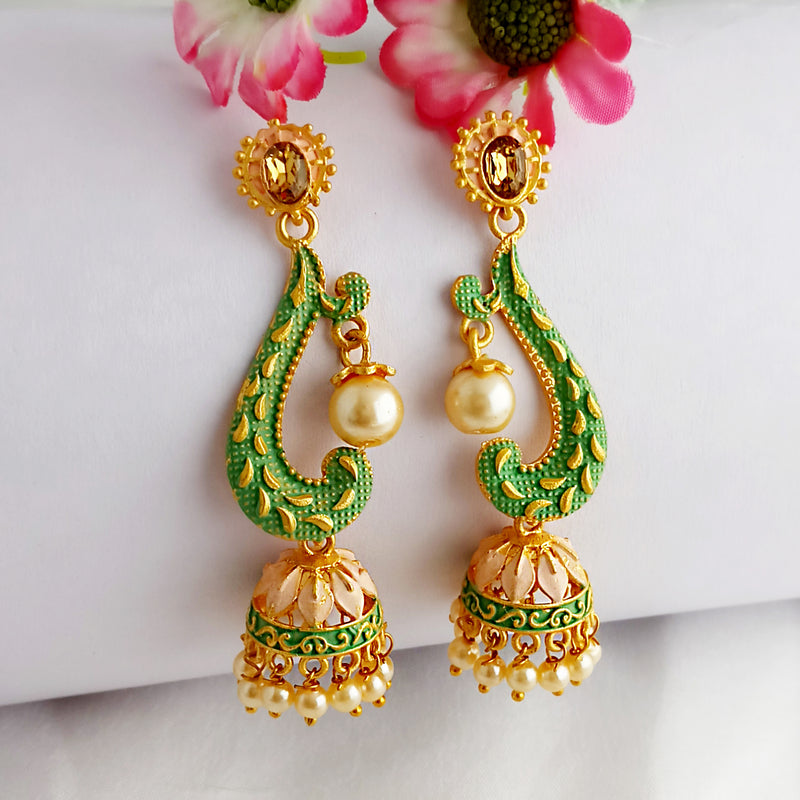 Woma Gold Plated Matte Green Meenakari Jhumka Earrings .