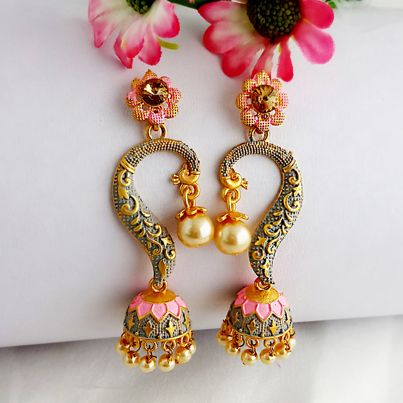 Woma Gold Plated Matte Grey Meenakari Jhumka Earrings