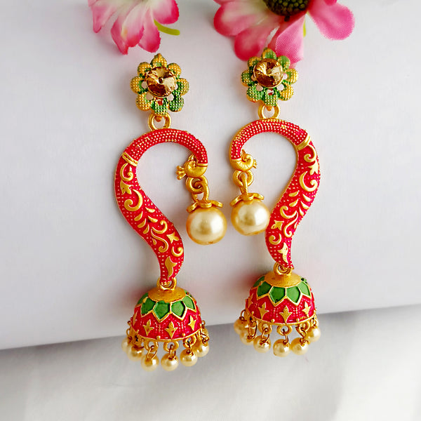 Woma Gold Plated Matte Pink Meenakari Jhumka Earrings