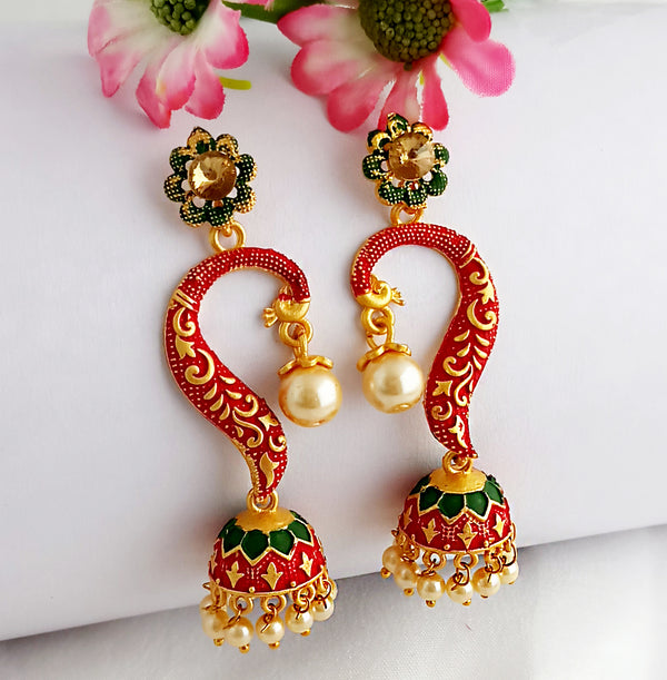 Woma Gold Plated Matte Maroon Meenakari Jhumka Earrings