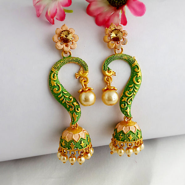 Woma Gold Plated Matte Green Meenakari Jhumka Earrings