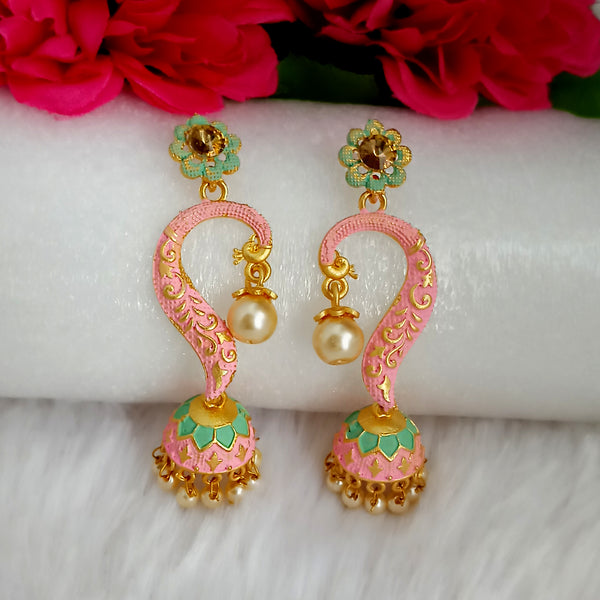 Woma Gold Plated Matte Peach Meenakari Jhumka Earrings