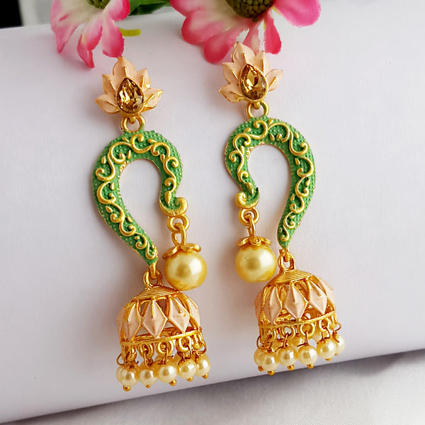 Woma Gold Plated Matte Green Meenakari Jhumka Earrings