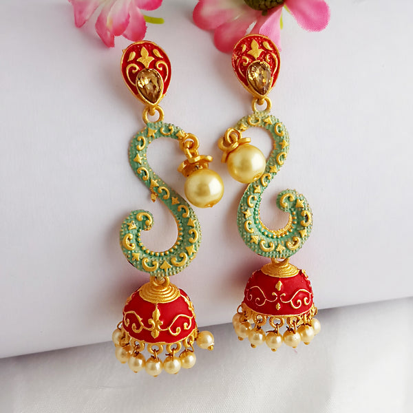 Woma Gold Plated Matte Green Meenakari Jhumka Earrings