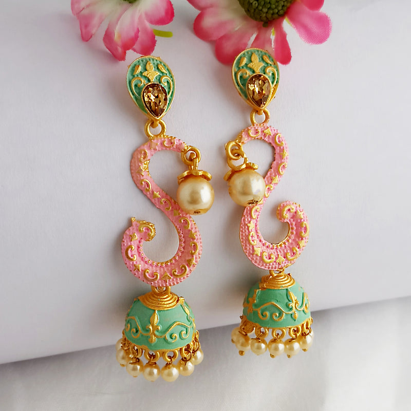 Woma Gold Plated Matte Peach Meenakari Jhumka Earrings