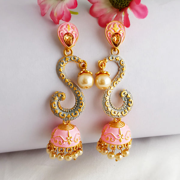 Woma Gold Plated Matte Grey Meenakari Jhumka Earrings