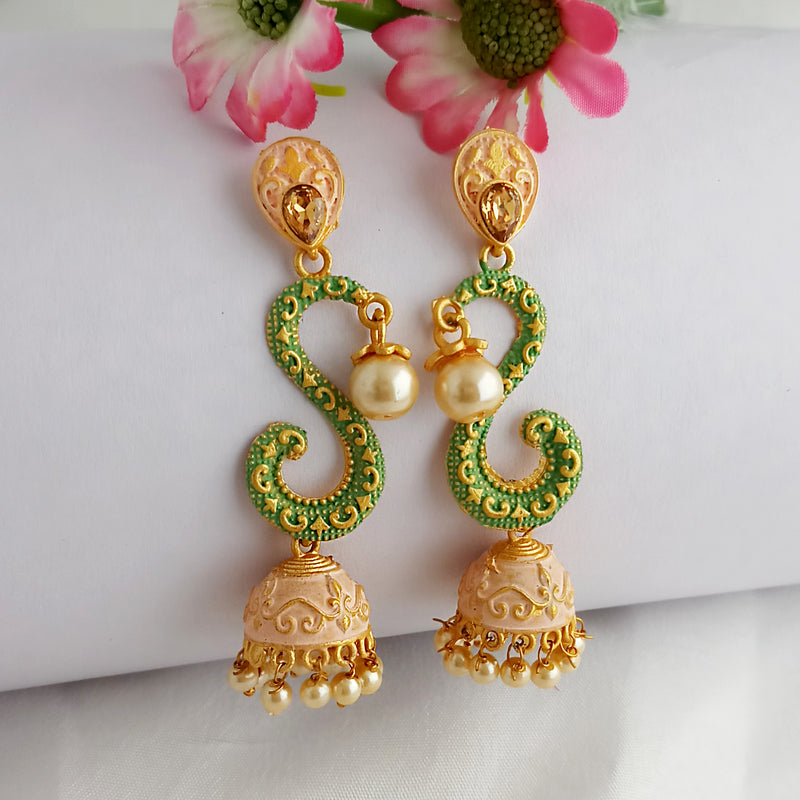 Woma Gold Plated Matte Green Meenakari Jhumka Earrings