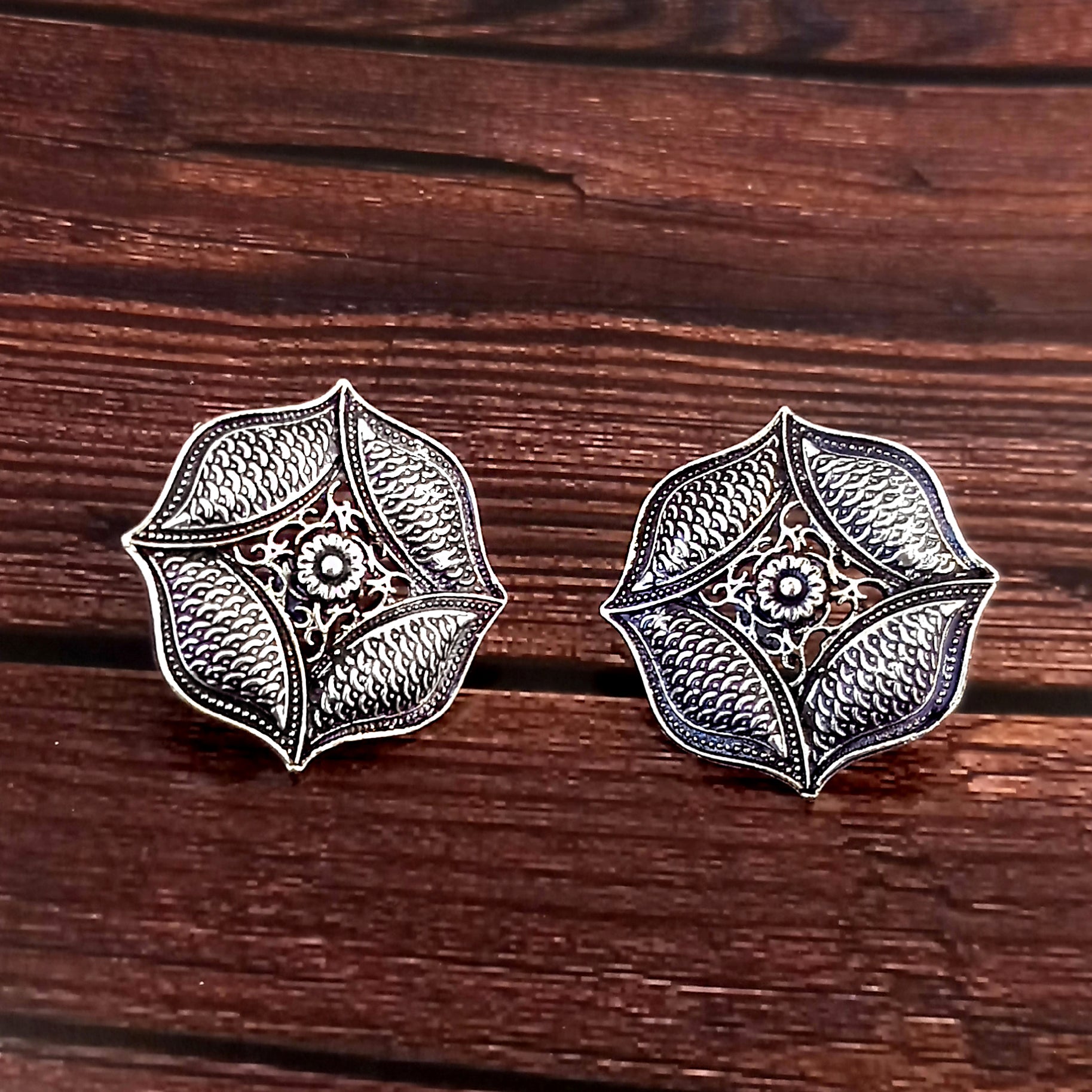 Woma Floral Oxidised Plated Stud Earrings