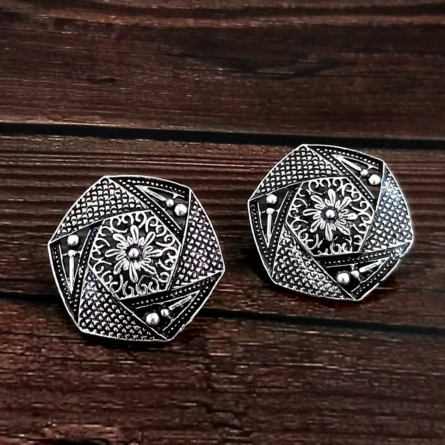 Woma Floral Oxidised Plated Stud Earrings