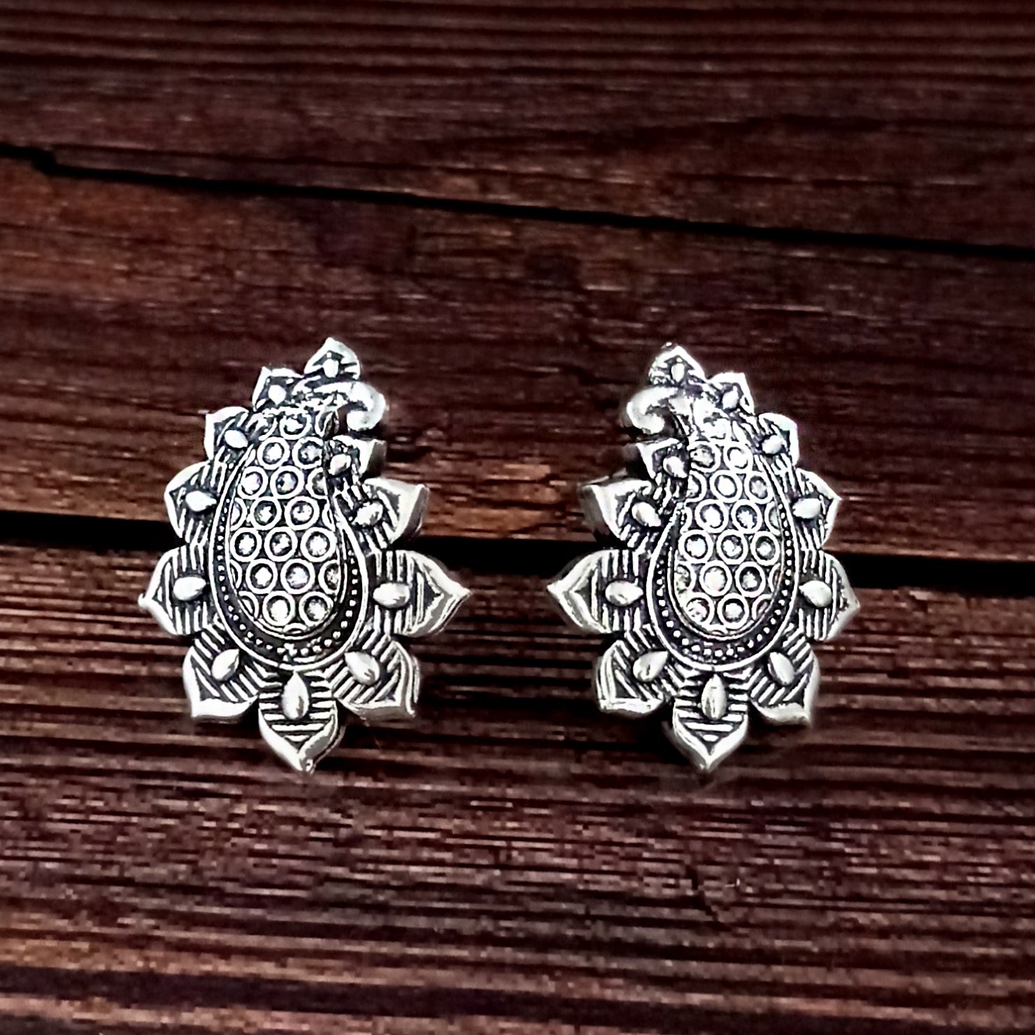 Woma Floral Oxidised Plated Stud Earrings