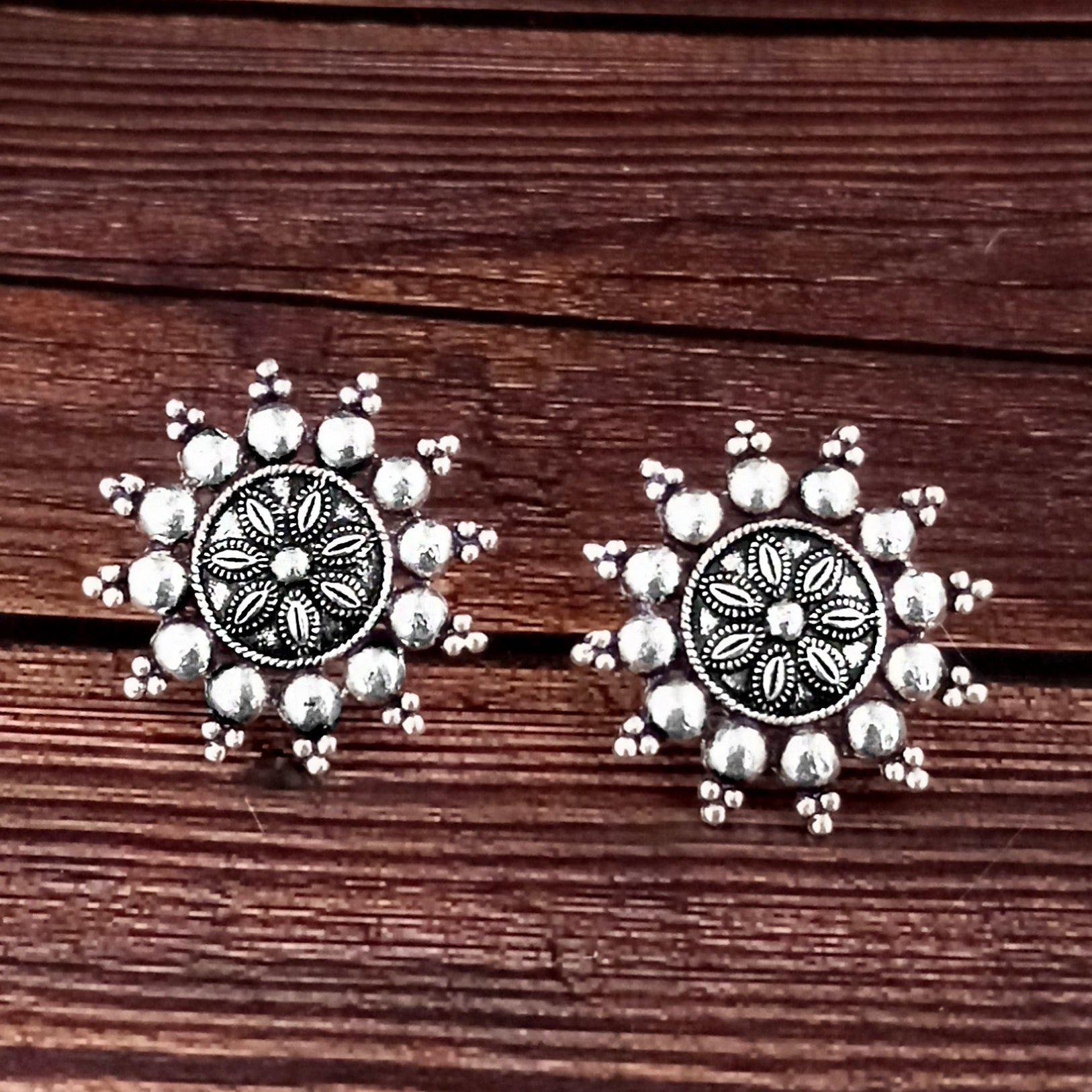 Woma Floral Oxidised Plated Stud Earrings