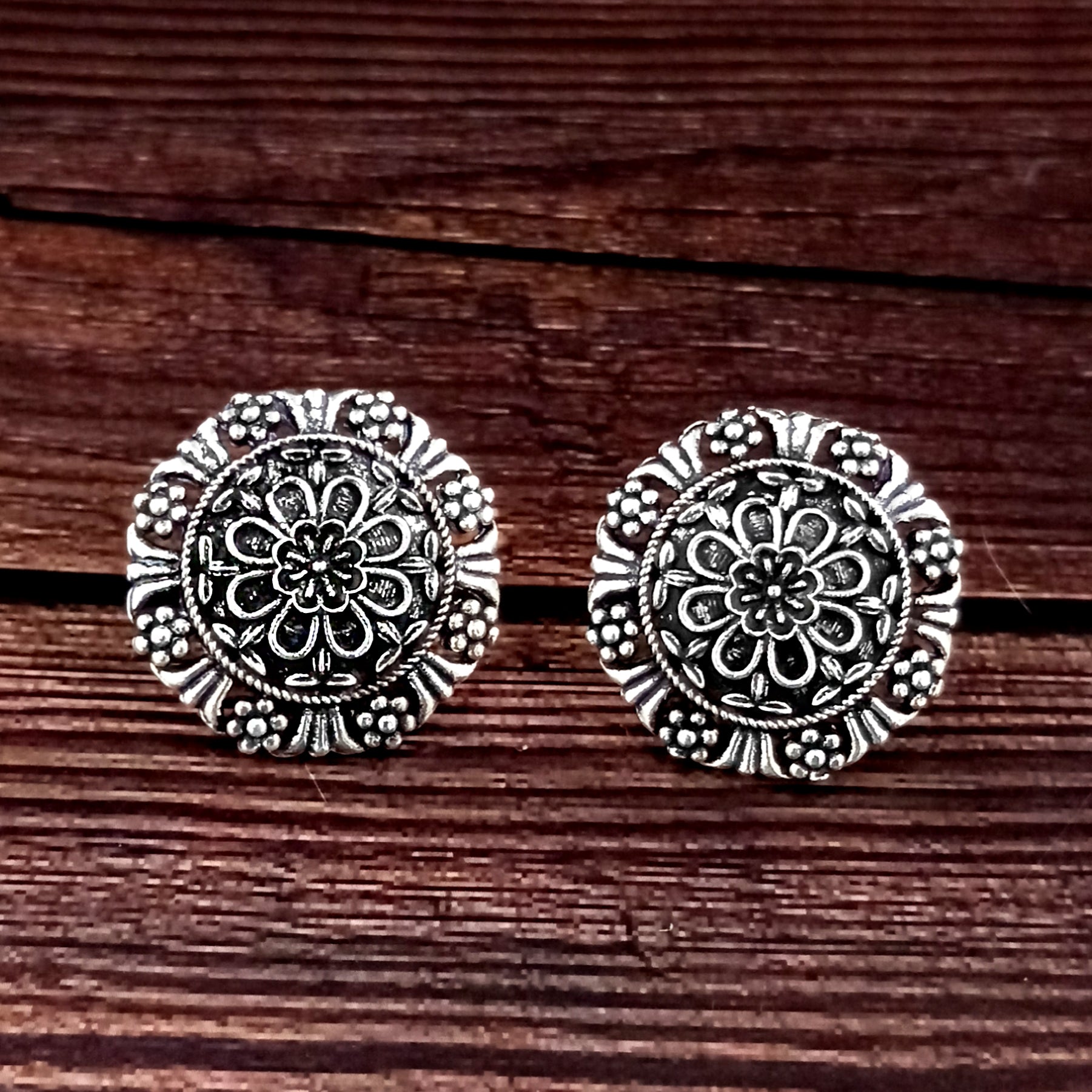 Woma Floral Oxidised Plated Stud Earrings