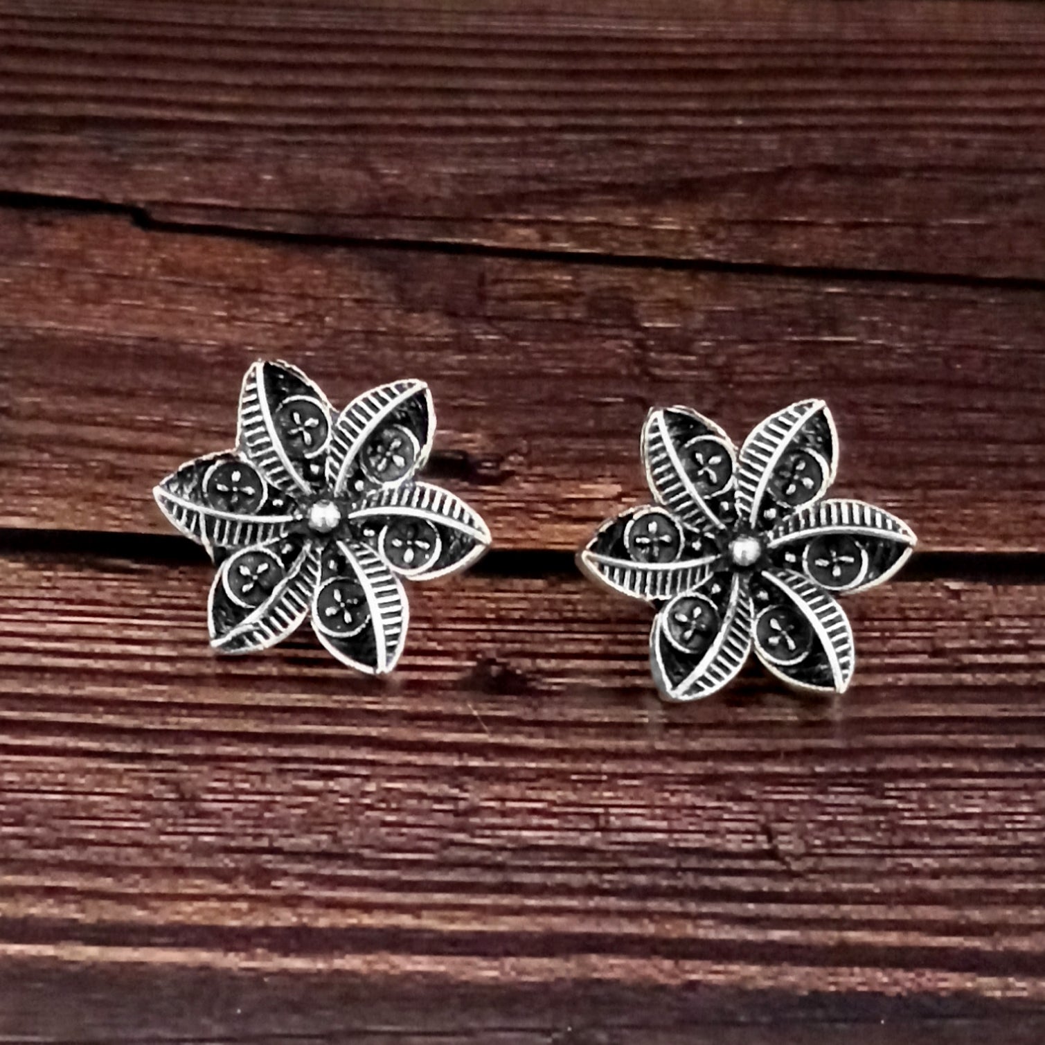 Woma Floral Oxidised Plated Stud Earrings