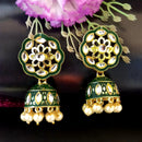 PARSHWAM Dark Green Glossy Meenakari Pearl Drop Jhumki