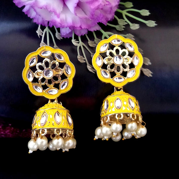 PARSHWAM Yellow Glossy Meenakari Pearl Drop Jhumki