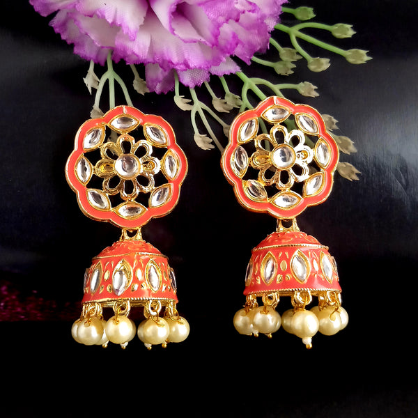 PARSHWAM Red Glossy Meenakari Pearl Drop Jhumki