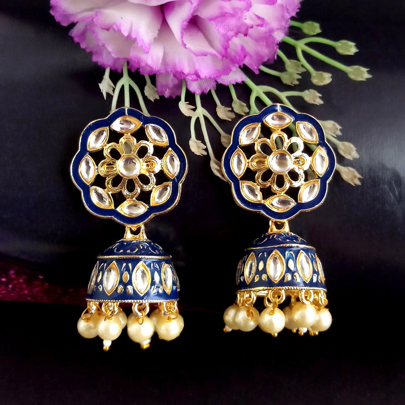 PARSHWAM Blue Glossy Meenakari Pearl Drop Jhumki