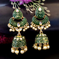 PARSHWAM Dark Green Glossy Meenakari Pearl Drop Jhumki