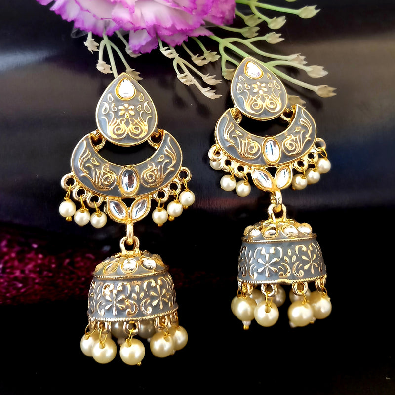 PARSHWAM Grey Glossy Meenakari Pearl Drop Jhumki