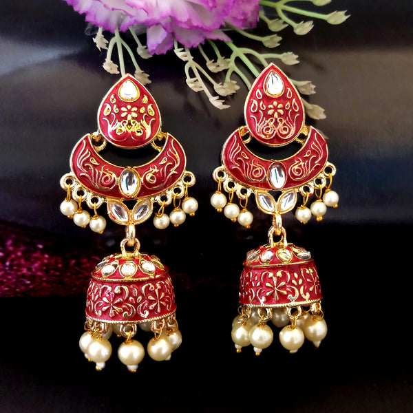 PARSHWAM Pink Glossy Meenakari Pearl Drop Jhumki