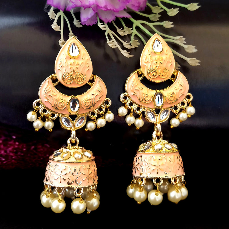 PARSHWAM Peach Glossy Meenakari Pearl Drop Jhumki