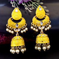 PARSHWAM Yellow Glossy Meenakari Pearl Drop Jhumki