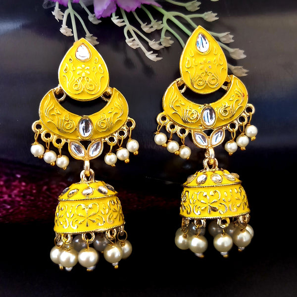 PARSHWAM Yellow Glossy Meenakari Pearl Drop Jhumki