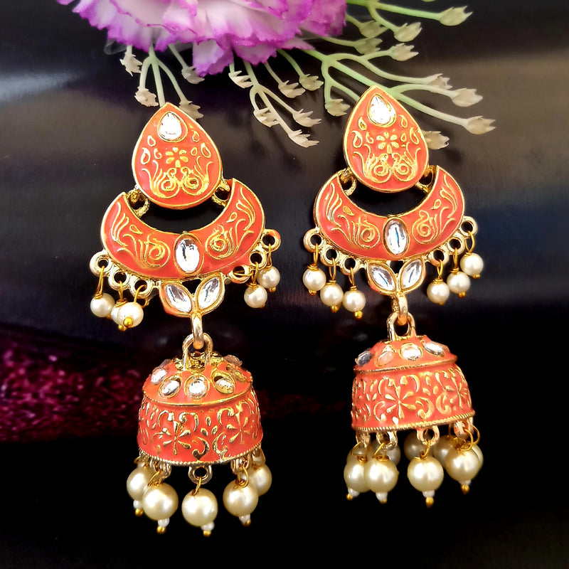 PARSHWAM Red Glossy Meenakari Pearl Drop Jhumki