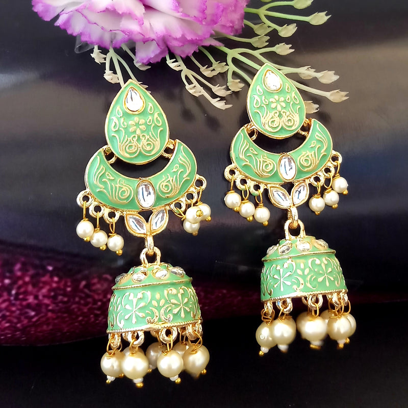 PARSHWAM Light Green Glossy Meenakari Pearl Drop Jhumki