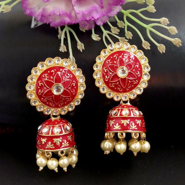 PARSHWAM Pink Glossy Meenakari Pearl Drop Jhumki