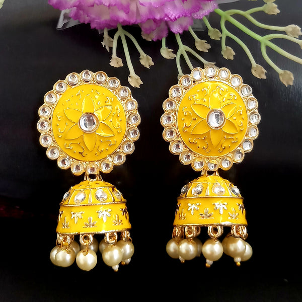 PARSHWAM Yellow Glossy Meenakari Pearl Drop Jhumki