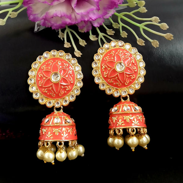 PARSHWAM Red Glossy Meenakari Pearl Drop Jhumki