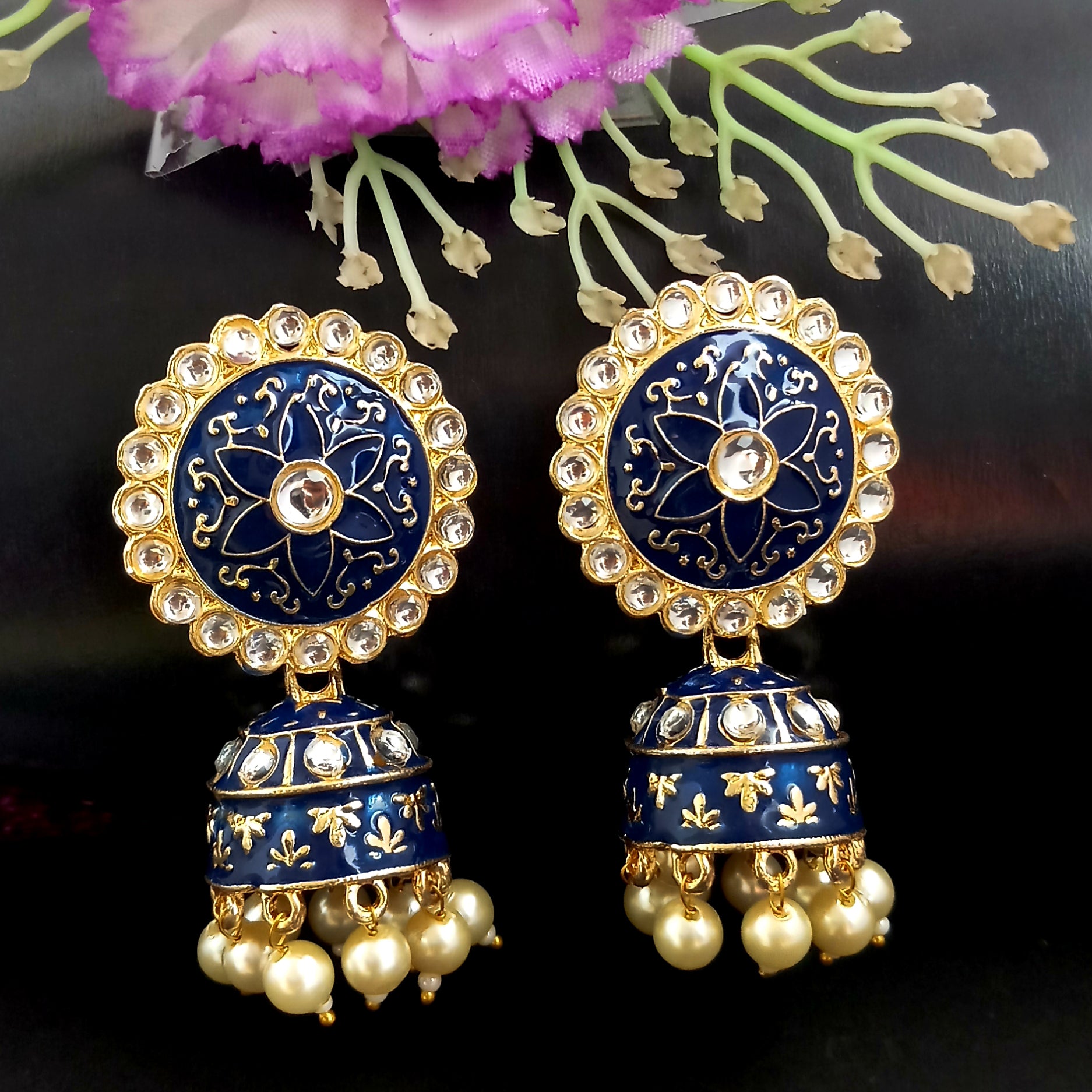 PARSHWAM Blue Glossy Meenakari Pearl Drop Jhumki