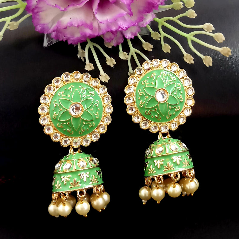 PARSHWAM Light Green Glossy Meenakari Pearl Drop Jhumki