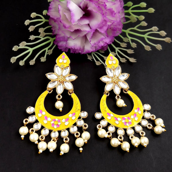 PARSHWAM Yellow Glossy Meenakari Pearl Drop Earring